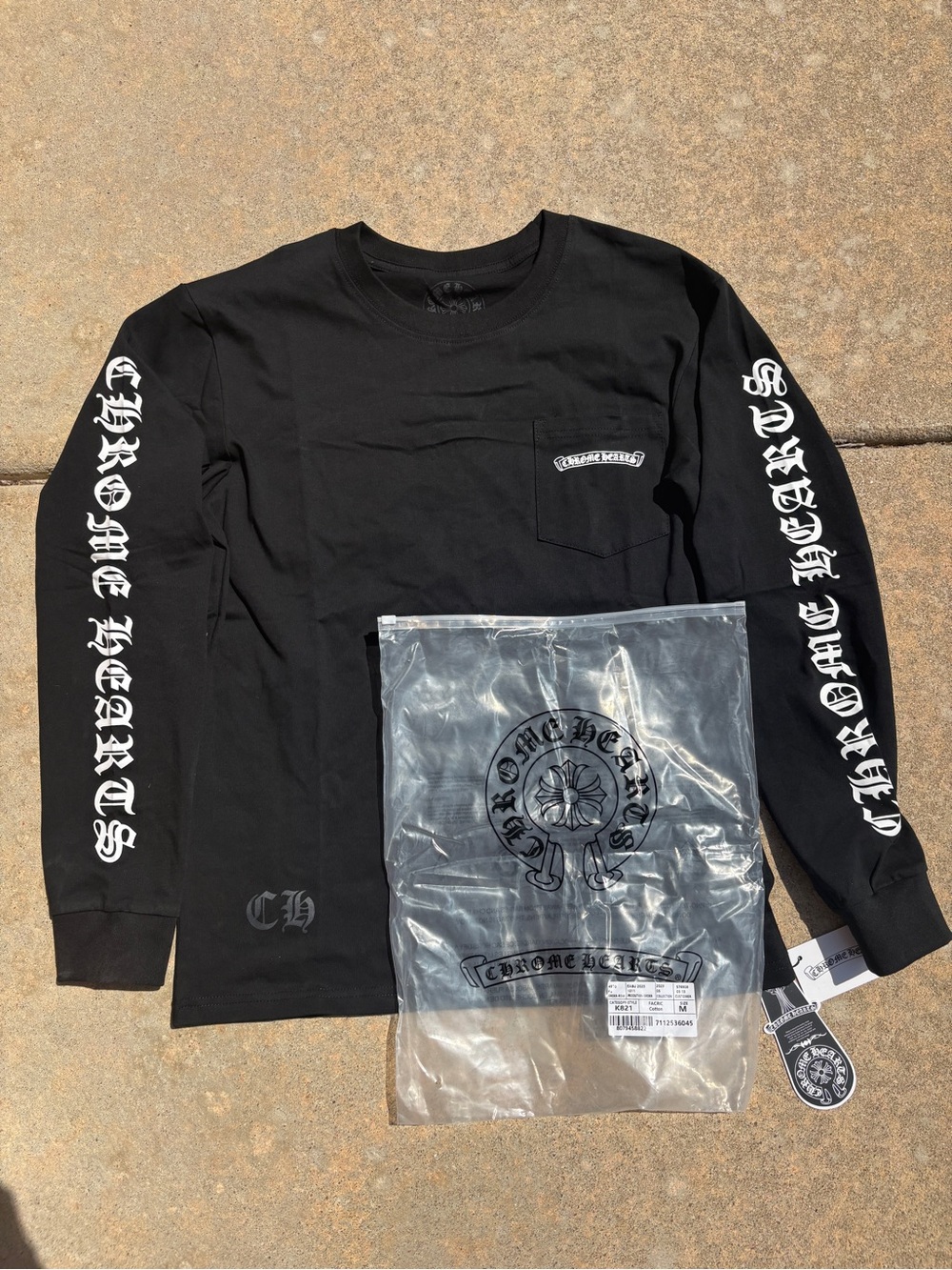Chrome Hearts Black Long Sleeve Pocket Tee with White Gothic Sleeve Print